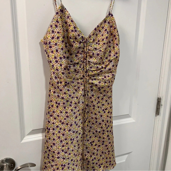 ZARA Purple Yellow Floral Ruched Draped Satin Effect Mini Tank Dress - Picture 6 of 8